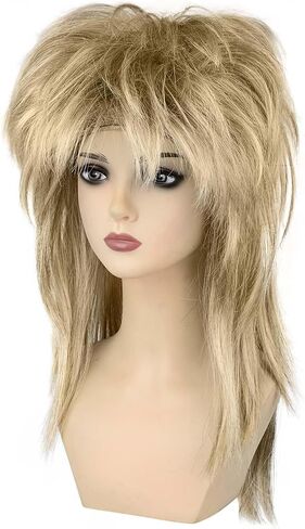 Kavoc Women Rock Diva Costume Wig with Toy Stage Microphone Long Blonde Mullet Wig for 70s 80s Rocker Halloween Cosplay Party in Saudi Arabia