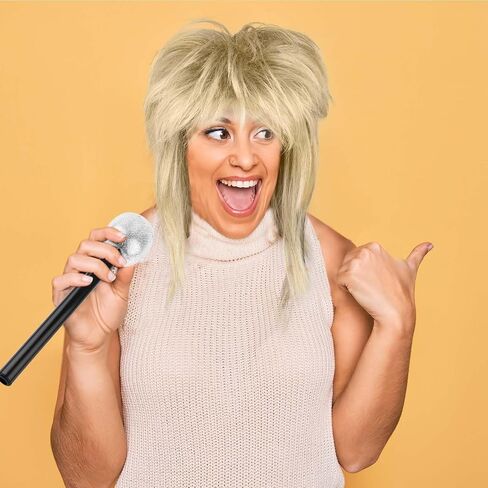 Kavoc Women Rock Diva Costume Wig with Toy Stage Microphone Long Blonde Mullet Wig for 70s 80s Rocker Halloween Cosplay Party in Saudi Arabia