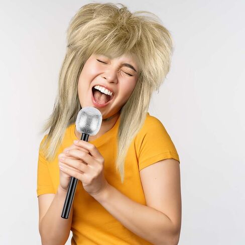 Kavoc Women Rock Diva Costume Wig with Toy Stage Microphone Long Blonde Mullet Wig for 70s 80s Rocker Halloween Cosplay Party in Saudi Arabia