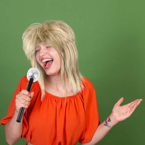 Kavoc Women Rock Diva Costume Wig with Toy Stage Microphone Long Blonde Mullet Wig for 70s 80s Rocker Halloween Cosplay Party in Saudi Arabia