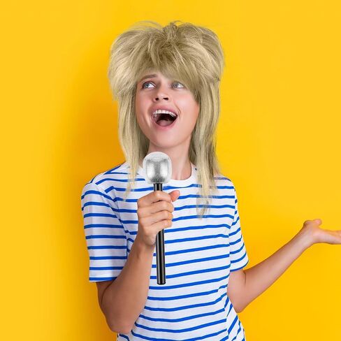 Kavoc Women Rock Diva Costume Wig with Toy Stage Microphone Long Blonde Mullet Wig for 70s 80s Rocker Halloween Cosplay Party in Saudi Arabia
