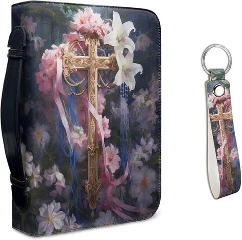 Kuiaobaty Flower Print Leather Bible Covers with Matched Leather Keychain Bible Case with Handle Large Protective Carrying Bible Cover Bag for Women Men Kids Tote Organizer for Bible Books Tablet in Kuwait