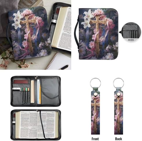 Kuiaobaty Flower Print Leather Bible Covers with Matched Leather Keychain Bible Case with Handle Large Protective Carrying Bible Cover Bag for Women Men Kids Tote Organizer for Bible Books Tablet in Kuwait