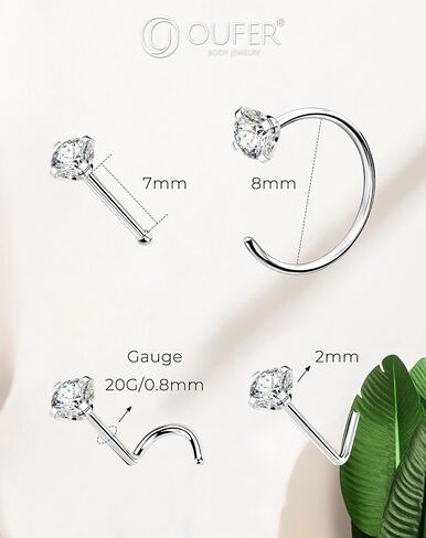 OUFER 8 قطع من حلقات الأنف، 316L من الفولاذ الجراحي 20 جرام، مسامير أنف على شكل حرف L، تصميم كلاسيكي لحلقات الأنف مع زركون لامع للنساء والرجال in Saudi Arabia
