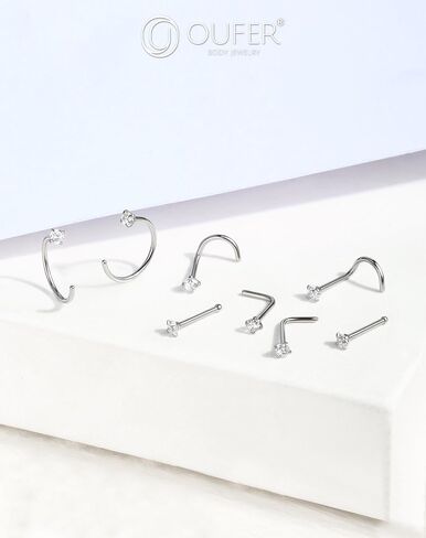 OUFER 8 قطع من حلقات الأنف، 316L من الفولاذ الجراحي 20 جرام، مسامير أنف على شكل حرف L، تصميم كلاسيكي لحلقات الأنف مع زركون لامع للنساء والرجال in Saudi Arabia