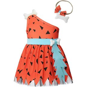 Dressy Daisy Infant Baby Toddler Cave Girl Halloween Party Dress Up Stone Age Outfit with Bone Headband, Green Orange
