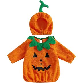 Infant Baby Boy Girl Halloween Outfit Cute Pumpkin Clothes Sleeveless Pumpkin Face Print Tie-Up Bodysuit Dress Up