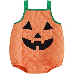 Infant Baby Boy Girl Halloween Outfit Cute Pumpkin Clothes Sleeveless Pumpkin Face Print Tie-Up Bodysuit Dress Up in Kuwait