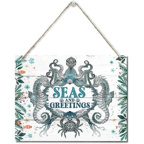 Beach Christmas Wooden Door Hanging Sign, Seas and Greetings", Merry Christmas Sign, Beach House Christmas Decor, Christmas Party Supplies Favors, Christmas Gift 10 X 7.8 in