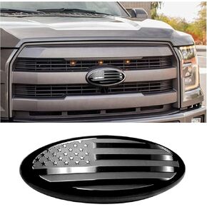 Front Grille US Flag Emblem, 7 Inch Oval Rear Tailgate Decal Badge Nameplate, Central Mesh Cover Label Sticker Overlay Replacement Compatible with F150 F250 F350 and More (7'', Silver & Black)
