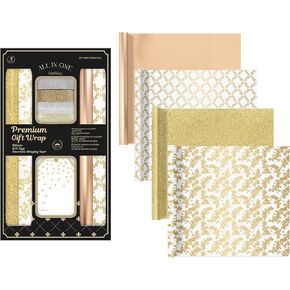 LaRibbons All Occasion Wrapping Paper Set, 17 Inch × 10 Feet (4 Rolls: 56.68 Sq. Ft. Ttl) Matte Gold, Floral, Polka Dot Design with Ribbons, Gift Tags, for Birthday, Wedding, Graduations