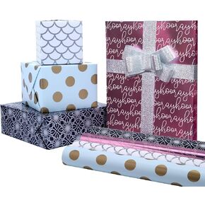 مجموعة ورق تغليف LaRibbons لجميع المناسبات، 17 بوصة × 10 أقدام (4 لفات: 56.68 قدم مربع. Ttl) ذهبي غير لامع، زهور، تصميم منقط مع أشرطة، بطاقات هدايا، لأعياد الميلاد، الزفاف، التخرج in Kuwait