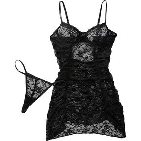 SweatyRocks Women's 2 Piece Lingerie Set Floral Lace Spaghetti Strap Mini Dress and Thong Babydoll Lingeries