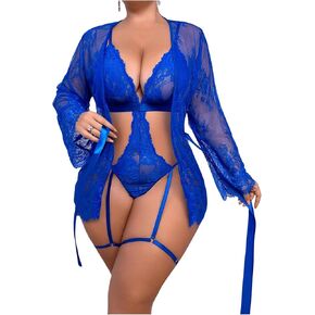 SOLY HUX Women's Plus Size Lace Garter Lingerie Teddy Bodysuit Babydoll with Belted Robes