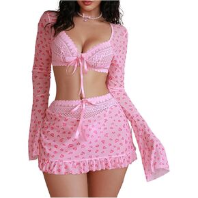 SHENHE Women's Lace Heart Print Lingerie Sets Bow Bralette and Thong with Mini Skirt