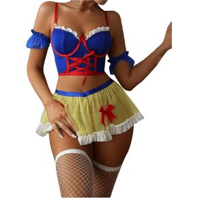 WDIRARA Women's 7 Piece Lingerie Corset Crop Top Arm Sleeves Puffy Mesh Skirt Thong and Fishnet Stockings Set