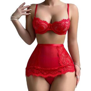Women's Sexy 3 Piece Underwire Lingerie Set Lace Floral Bra and Panty with Garter Belt