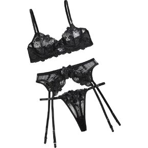 Sexy Floral Embroidery Mesh Sheer Underwire Push Up Garter Belt Women's Sexy Lingerie Set 3 Piece