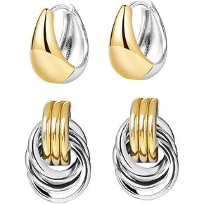 2 Pairs Two Tone Gold Silver Chunky Earrings for Women Two-tone Statement Knot Earrings Huggie Hoop Earrings Geometric Earrings Jewelry