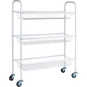 Household Essentials 3-Tier Slim Storage Cart, Heavy-Duty Steel Frame, Smooth Casters with Locks, Powder Coat Finish, Arched Handles, Easy to Assemble, Modern, Compact, White