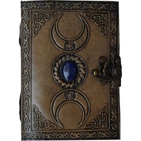 Leather crafter's Handmade Vintage Leather Journal with Semi Precious Stone Lock Closure 240 Pages Handmade Paper Third Eye Stone Journal of Shadows Grimoire Journal,unisex(5x7inch),Charcoal