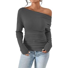 VKEGNIO Women's Off Shoulder Tops Fashion Long Sleeve Shirts Boat Neck Casual Pullover Tunic Tops Blouses