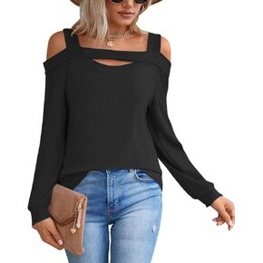 BZB Womens Sexy Cold Shoulder Tops Casual Long Sleeve Tunic Tops loose fit Square Neck off the shoulder T Shirts Blouse
