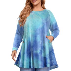 MONNURO Women's Plus Size Tie Dye Sweatshirts Long Sleeve Fall Tops Crewneck Casual Loose Tunic Shirts with Pockets(LakeBlue,5X)