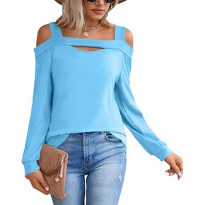 BZB Womens Sexy Cold Shoulder Tops Casual Long Sleeve Tunic Tops loose fit Square Neck off the shoulder T Shirts Blouse