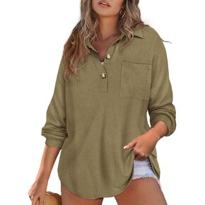 CARCOS Plus Size Tops for Women Waffle Knit Henley Shirts Long Sleeve Button V Neck Tunics Casual Solid Blouse with Pocket
