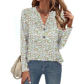 Micoson Women's Casual Long Sleeve Tops V Neck Button Shirts Fall Fashion Blouse Basic Work Tops