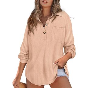 CARCOS Plus Size Tops for Women Waffle Knit Henley Shirts Long Sleeve Button V Neck Tunics Casual Solid Blouse with Pocket