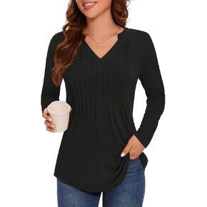 long sleeve shirts for women, V-neck fall outfits for ladies fashion 2024, Pleated tops for women trendy