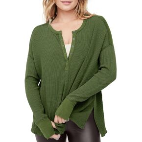 Tankaneo Womens Long Sleeve Henley Shirts Deep V Neck Waffle Knit Tunic Tops with Thumb Hole