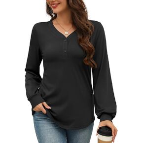 Rapbin Women's Casual Long Sleeve Tops V Neck Button Down Henley Shirts Loose Fit Dressy Fall Trendy Tunics