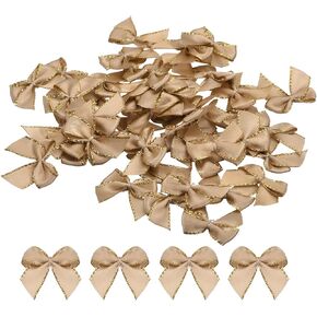 MECCANIXITY 50Pcs Mini Metallic Edge Ribbon Bow 1" Satin Ribbon Flower Bows Soft for Craft DIY Hair Bow Sewing Wedding Birthday Party Gold Edge Brown
