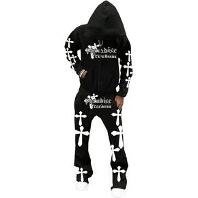 GORGLITTER Men's 2 Piece Outfits Cross Letter Graphic Long Sleeve Zip Up Hoodie and Sweatpants Set