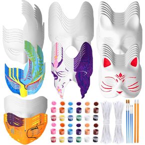 Leyndo Halloween DIY Face Masks White Blank Paper Mask Paintable with 12 Colors Paint Kit Paint Brushes Tied Rope