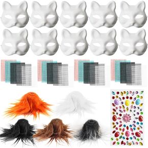 DIY Cat Therian Mask Kit with Eye Meshes Faux Fur Strips Gem Stickers,Therian Mask Arts Crafts Kit,Costume Masks for Masquerade Halloween in Kuwait