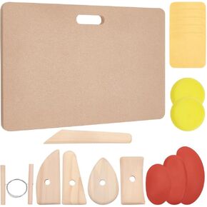 BENECREAT 17Pcs DIY Clay Ceramic Craft Tool Kit, 15.7x9.8inch Portable Clay Wedging Board with Built, MDF Wood Mud Mat Pottery Supplies for Art Crafts Modeling
