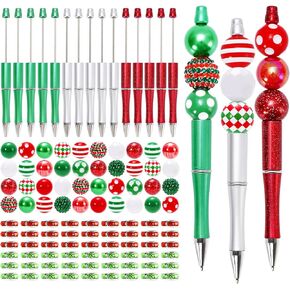 Whaline 15Pcs Christmas Beadable Pen Red Green Silver Bead Ballpoint Pen Gel Ink Pen with 50Pcs Colorful Beads 100Pcs Rhinestone Beads for Xmas DIY Crafts Office School Gifts Party Supplies
