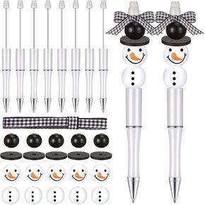 Beadable Pens Bulk Winter Bead Pens and Snowmen Wooden Beads Buffalo Plaid Ribbon Snowman Ballpoint Pens Plastic Black Ink Pen Winter Gifts for Christmas Kids Students School Office Supplies (51 Pcs)