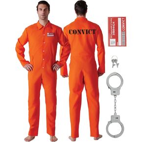 Maxim Party Supplies Prison Jumpsuit Costume Inmate Outfit, 3 Piece Convict Jail Uniform, Name badge and Handcuffs Prisoner