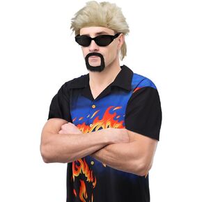 4 Pcs Halloween Celebrity Chef Cosplay Costume Set Famous Mens Wig Cap Button Down Flame Shirt Beard Glasses