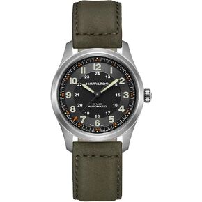 Hamilton Watch Khaki Field Titanium Auto | Swiss Made | 38mm Titanium Case | Black Dial Analog Watch | Green Leather Strap (Model: H70205830)