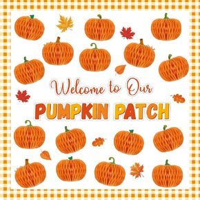 Fall Thanksgiving Bulletin Board Set Decorations for Classroom Autumn Pumpkin Bulletin Board 3D Pumpkin Honeycomb with Maple Leaves Cutouts for Fall Thanksgiving Party School Nursery Blackboard Decor