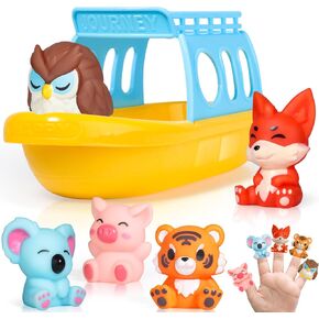 Oriate Bath Toys Set for 1+ Year Old, 5PCS Mold Free Silicone Animal Finger Puppets with BPA Free Boat, Montessori Sensory Learning Water Pool Bathtub Beach Toy, Summer Party Favors for Kids Toddlers