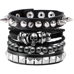 MILAKOO 4Pcs Punk Gothic Braided Leather Bracelet for Women Men with Stone Beads Stretch Wristband Adjustbale