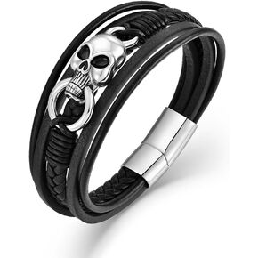 Mens Skull Bracelet Black Braided Leather Cuff Bangle Stainless Steel Punk Gifts for Men