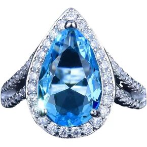925 Sterling Silver Ladies Double Drop Pear Shape Santa Maria Aquamarine Ring AAA Cubic Zircon Women's Engagement Ring Commemorative Engagement Wedding Jewelry Size 6-10 651